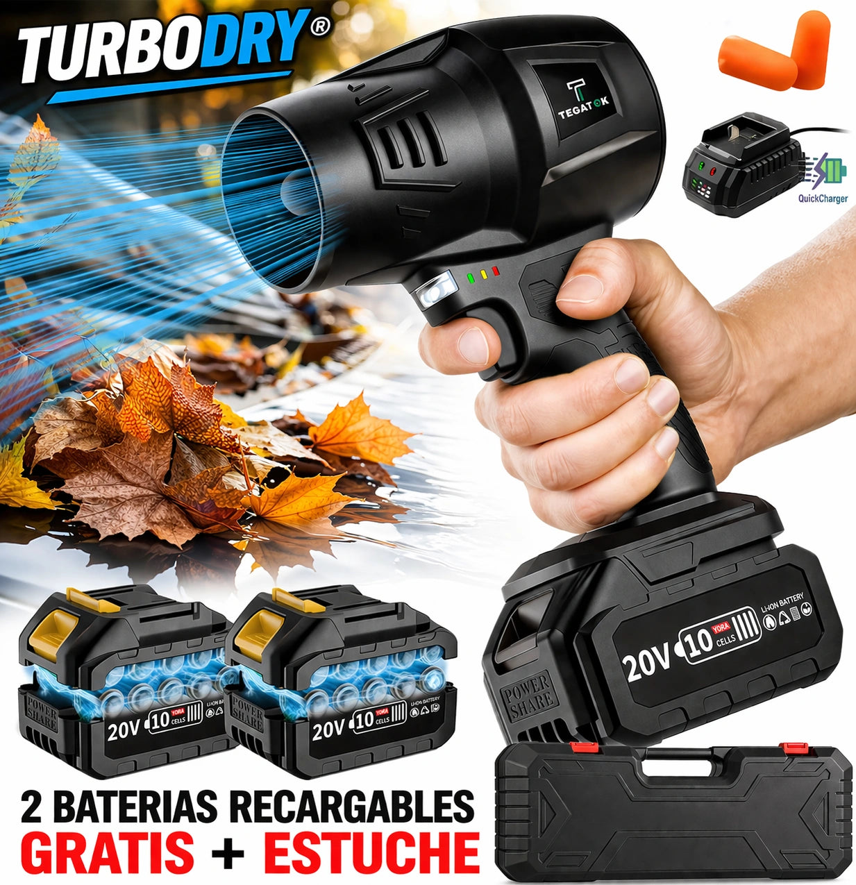 TURBODRY® SOPLADOR INALÁMBRICO (lleva gratis 2 baterías recargables y Estuché protector)  + ENVÍO GRATIS